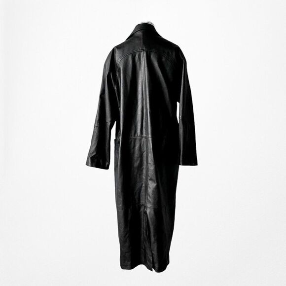 Vintage Y2K Black Leather Full Length Button Down Front Coat Jacket Size L - Picture 6 of 8